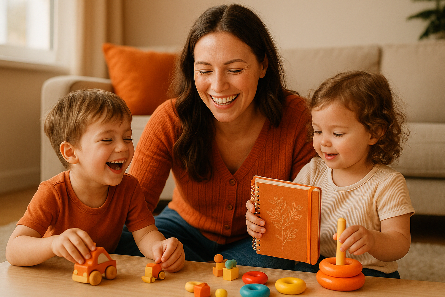 Una mamá sonriendo mientras juega con sus hijos, pero con una libreta cerca 🧡
— Refleja que se puede combinar maternidad con organización.